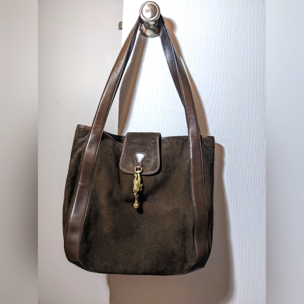 Barry Kieselstein Cord suede and leather tote bag with golden toad and ladybug